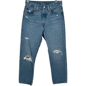 Women's distressed button fly cropped‎ 501 levi's high-rise blue denim mom jeans